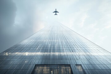 Fototapeta premium Modern skyscraper rising under a clear sky with airplane