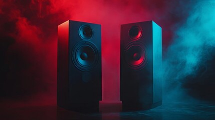 Black Audio Speakers with Red and Blue Lights - High Fidelity Sound System