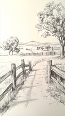 Pencil Drawing of a Rural Landscape with a Wooden Fence and Path
