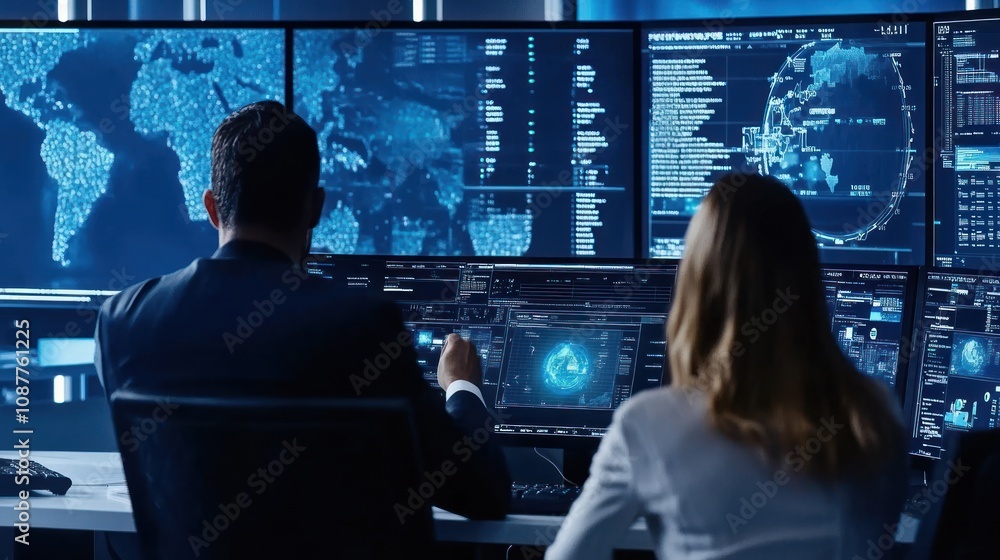 Poster cybersecurity professionals analyzing data on multiple screens