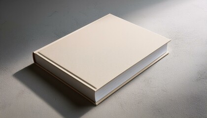 Fototapeta premium Hardcover book mockup with beige cover lying on a light grey floor. 3D Rendering