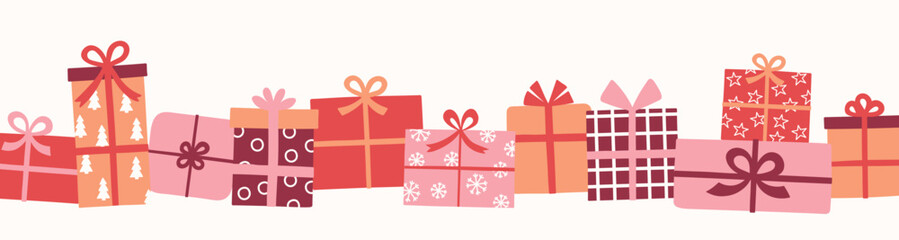 Christmas banner with cartoon hand drawn presents with bows. Vector illustration