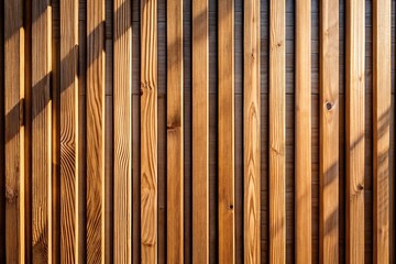 Close up of wooden slat wall texture with natural light and shadow pattern.