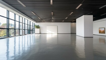Fototapeta premium Modern empty art gallery with white walls and large windows.
