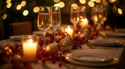 A festive dinner table adorned with candles, champagne glasses, and Christmas decorations evokes a warm, celebratory ambiance