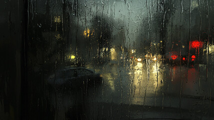 Naklejka premium Raindrops on the dark glass of public transport.