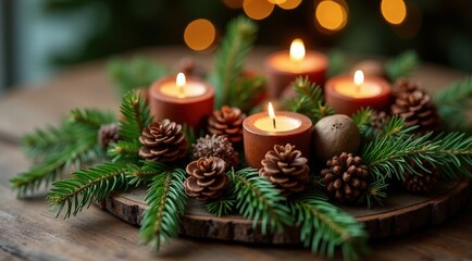 Warm candlelight surrounded by pine branches and pinecones creates a festive, cozy atmosphere perfect for holiday and winter decor