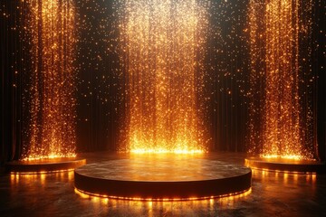 Glittering golden stage with cascading lights and black curtains