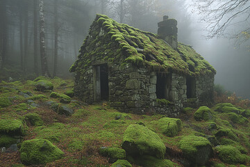 Ancient stone cottage in misty forest, moss covered walls.