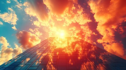 A skyscraper reaching up towards a fiery sunset sky.