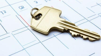Golden key on calendar symbolizing important date or appointment