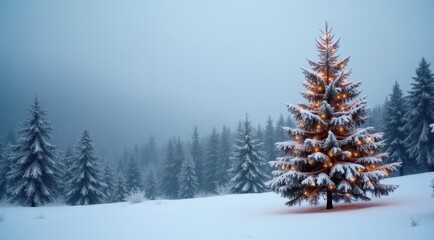Lone decorated Christmas tree glowing in a snowy field surrounded by winter pines