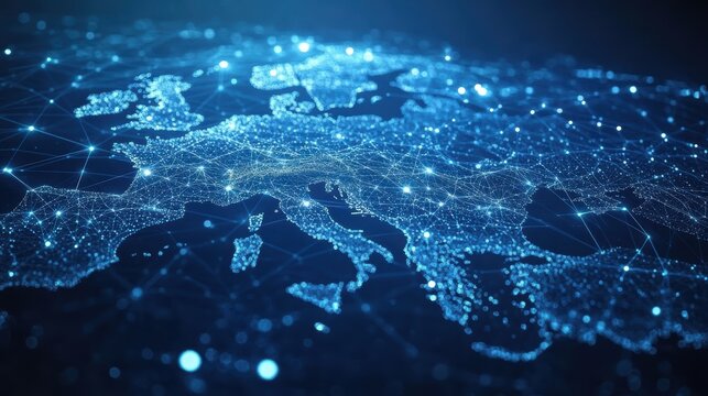 A stunning digital map of Europe, showcasing interconnected data points against a deep blue backdrop, Ideal for technology, connectivity, and geography themes in presentations or articles, - Powered by Adobe
