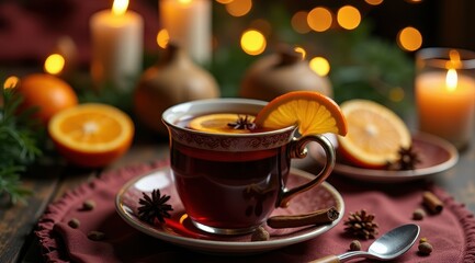 Fototapeta premium A cozy scene with a festive cup of mulled wine garnished with orange slices and spices, surrounded by candles and holiday decor