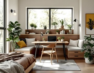 Fototapeta premium cozy aesthetic room with a big window and a lot light