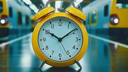 A Bright Yellow Alarm Clock Sits on a Platform at a Bustling Train Station During the Early Morning Rush Hour - Powered by Adobe