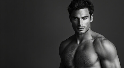 Fototapeta premium Shirtless handsome sexy male model. Gym bodybuilding model looking at the camera