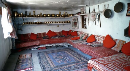 Naklejka premium Vibrant Arabic-style living room with lanterns, plush seating, and geometric patterns