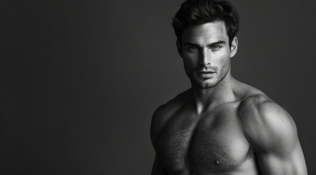 Shirtless handsome sexy male model. Gym bodybuilding model looking at the camera