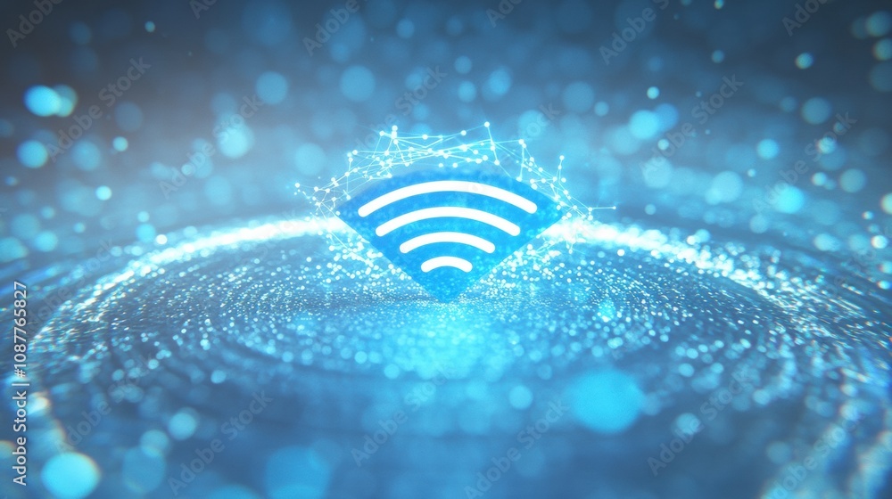 Poster a bright blue wi-fi icon at the center, surrounded by a swirling digital wave, represents the essenc