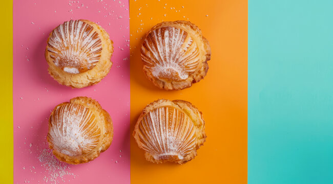 Mexican sweet pastries concha puerquito ojo de buey on a colorful background