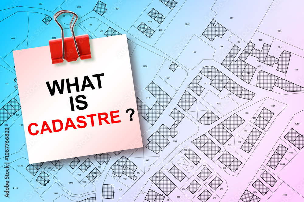 Poster what is cadastre? concept of question about what is land registry with fictional cadastral map with 