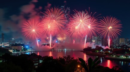 Obraz premium Vibrant red fireworks lighting up a night city skyline during new year celebrations