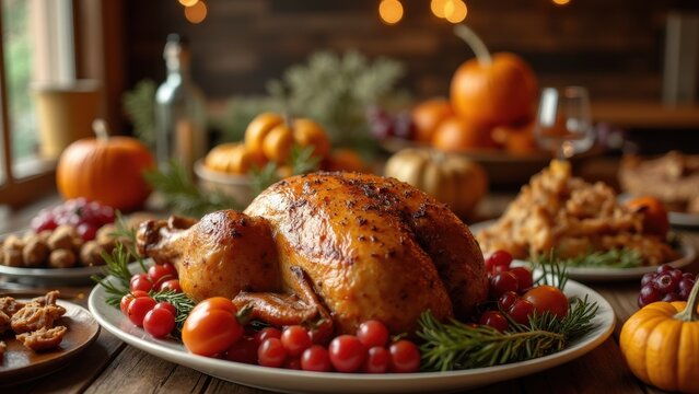 A stunning roasted turkey takes center stage on a large platter, surrounded by seasonal vegetables and decorations, creating a festive autumn atmosphere for a gathering Thanksgiving day concept