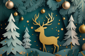 Naklejka premium Magical Papercraft Christmas Forest Scene with Gold Glitter