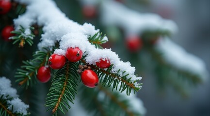 Snow-covered pine branches adorned with red berries in a tranquil winter forest