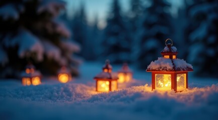 Warm candlelit lanterns illuminate a snowy landscape at twilight, creating a cozy and serene winter scene amidst dark evergreen trees