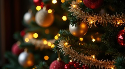 Obraz premium Festive Christmas tree adorned with sparkling lights, shimmering baubles, and golden tinsel brings holiday warmth and joy