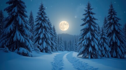 Fototapeta premium A peaceful snowy path illuminated by the full moon, surrounded by bare winter trees in a tranquil setting