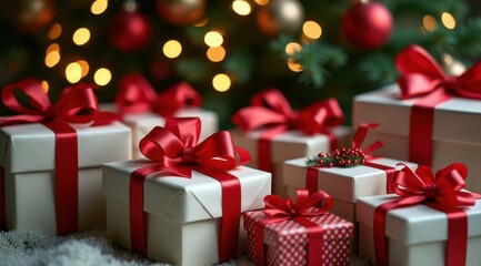 Fototapeta premium Festive Christmas gift boxes with red ribbons under a tree with glowing lights create a warm holiday ambiance