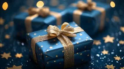 blue gifts with golden bows and ribbons placed on blue background near stars