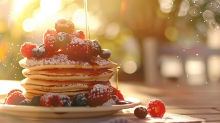 A mouthwatering stack of fluffy pancakes topped with fresh berries and drizzled with maple syrup, Pancakes arranged in a playful stack