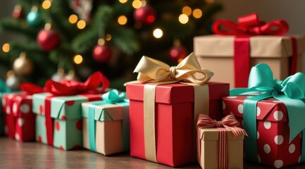 Obraz premium Colorful gift boxes with bows and festive wrapping sit beneath a decorated Christmas tree with glowing lights in the background