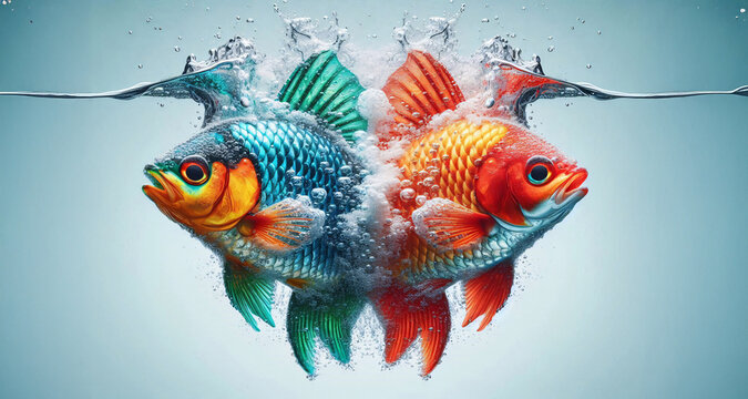 Splash, zwei Fische im Wasser mit Blubberblasen im Wasser , mit dynamischen, spritzenden Tropfen, hellblauer Hintergrund, copy space
