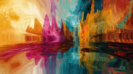 Fototapeta premium art, animal, water, design, fish, illustration, painting, pattern, snake, nature, color, cat, colorful, paint, in a dreamscape the surface reflects the early mor, untry, generative ai, landscape, arch