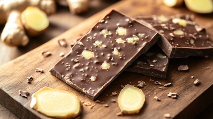 A chocolate bar with candied ginger pieces, styled on a wooden board with slices of fresh ginger