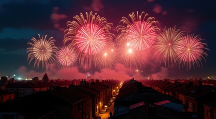 Vibrant red fireworks lighting up a night city skyline during new year celebrations