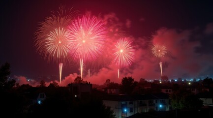 Fototapeta premium Vibrant red fireworks lighting up a night city skyline during new year celebrations