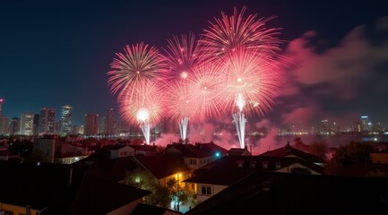 Vibrant red fireworks lighting up a night city skyline during new year celebrations