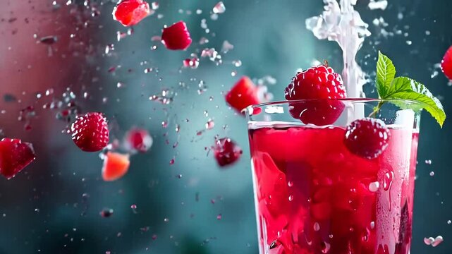 Splashes of juice in a glass and raspberries falling from above on a blue background