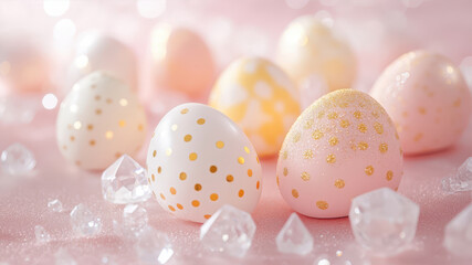 Obraz premium Delicate Pastel and Gold Easter Eggs Arranged Creatively on a Soft Pink Surface