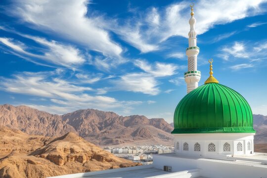 Green dome and white minarets at Bilal Mosque in Medina, Saudi Arabia