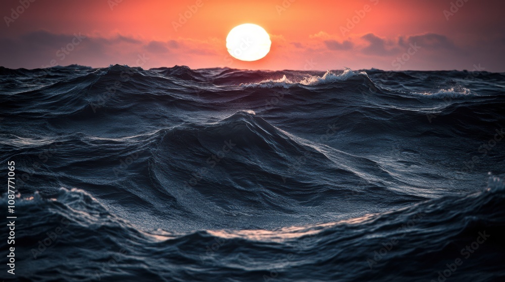 Aufkleber The sun sets on the horizon, casting warm colors over the rolling ocean waves, creating a tranquil and beautiful atmosphere. Generative AI