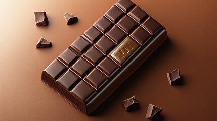 A luxury chocolate bar with a gold-embossed logo, isolated on a gradient background with subtle chocolate textures