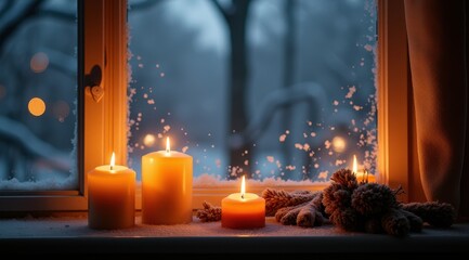 Lit candles on a snowy windowsill with frost and a cozy glow during a winter evening