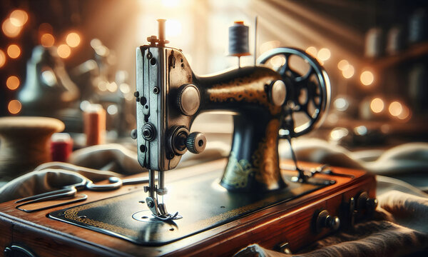 Vintage N&auml;hmaschine, close-up mit N&auml;hutensilien und copy space, Bokeh